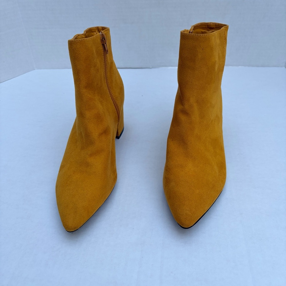 BAMBOO Mustard Yellow Faux Suede Pointed Toe - Blocked Heel. Ankle Booties